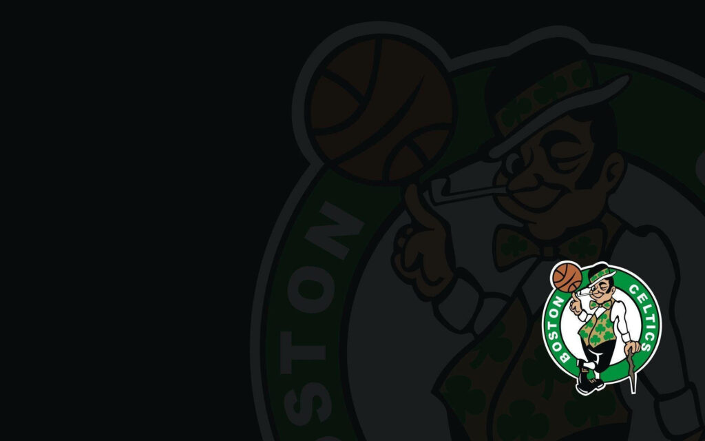 Boston Celtics black logo wallpaper with vibrant leprechaun mascot on sleek black background