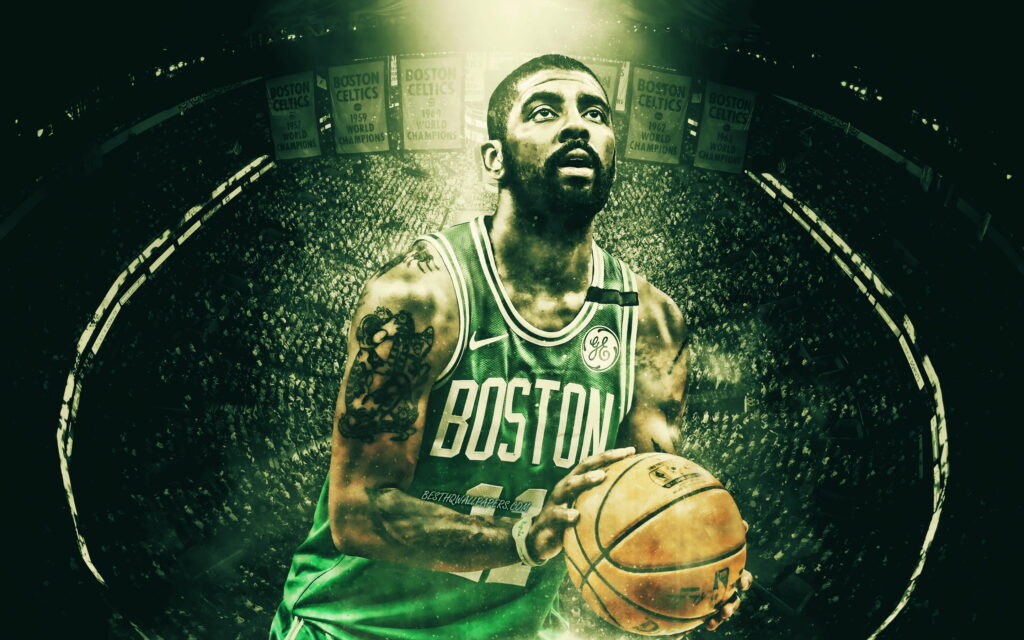 The Mesmerizing Close-Up of Kyrie Irving: A Magnificent Display of NBA Brilliance at TD Garden Wallpaper