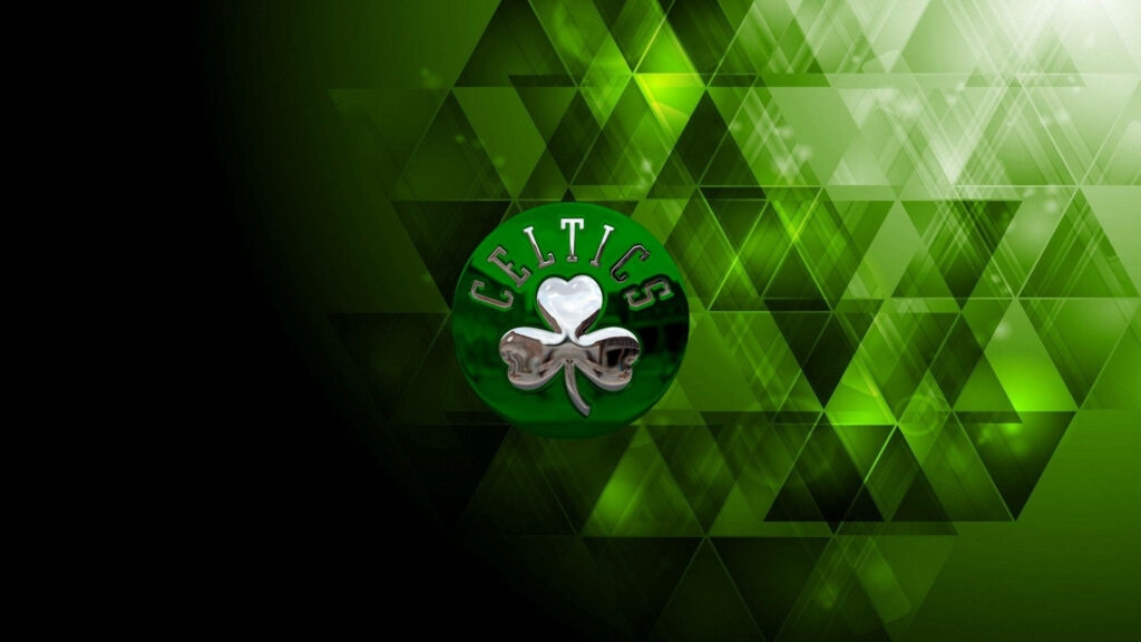 Boston Celtics logo with shamrock emblem on green geometric triangle pattern wallpaper background
