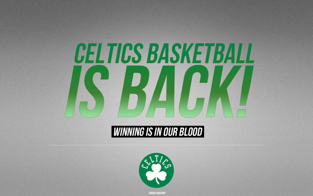 Boston Celtics Is Back wallpaper with bold green typography gray gradient and shamrock logo