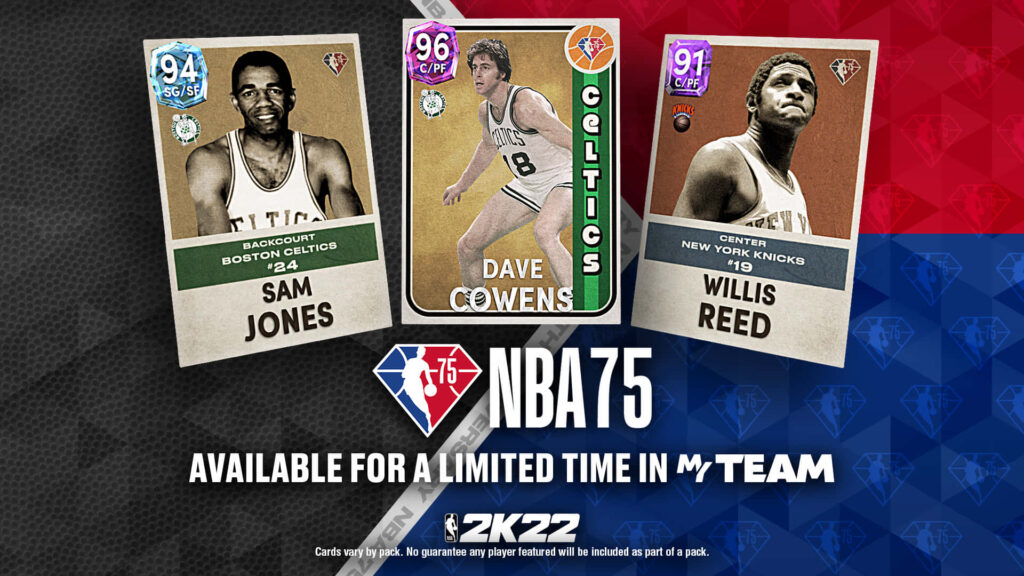 Vintage NBA 75 collectible card wallpaper featuring Boston Celtics legends Cowens Jones and Reed