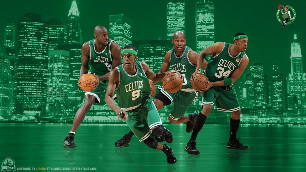 Boston Celtics Kevin Garnett Ray Allen Rajon Rondo Paul Pierce dynamic action classic green uniforms wallpaper