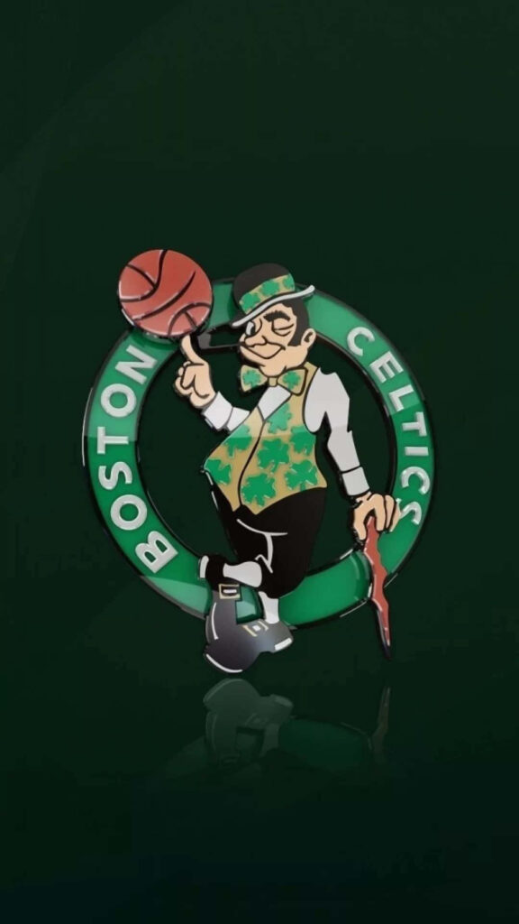 Boston Celtics logo wallpaper with classic leprechaun spinning basketball on deep green background