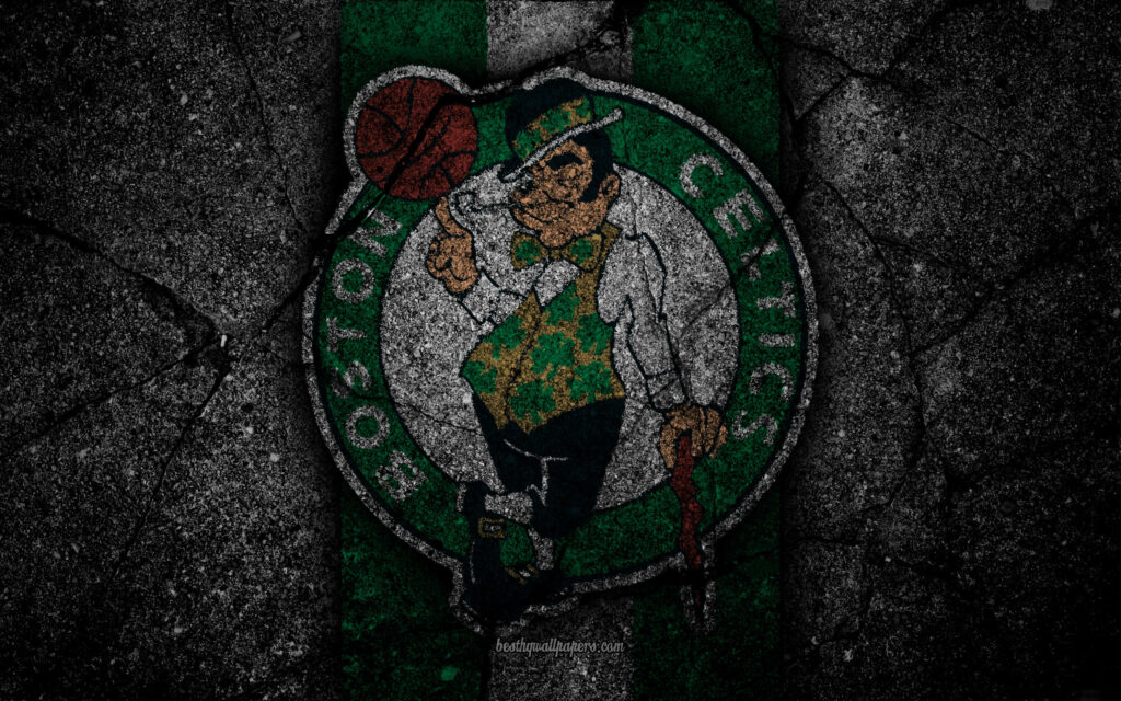 Boston Celtics logo with leprechaun emblem on cracked concrete wall green white wallpaper