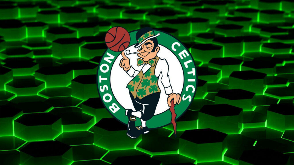 Boston Celtics logo with mascot on glowing green hexagonal futuristic background wallpaper