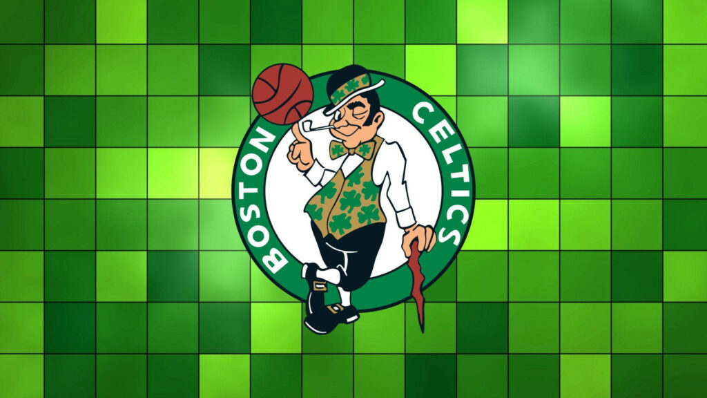 Boston Celtics logo wallpaper with classic leprechaun mascot on vibrant green tiled background