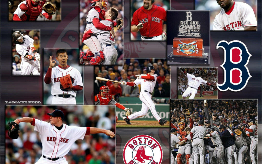Boston Red Sox players collage in action celebrating key moments pitching batting victories wallpaper