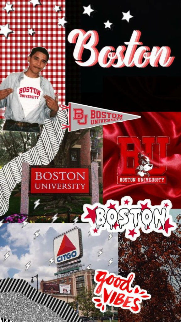 Boston University collage featuring campus landmarks banners BU logos and iconic CITGO sign wallpaper