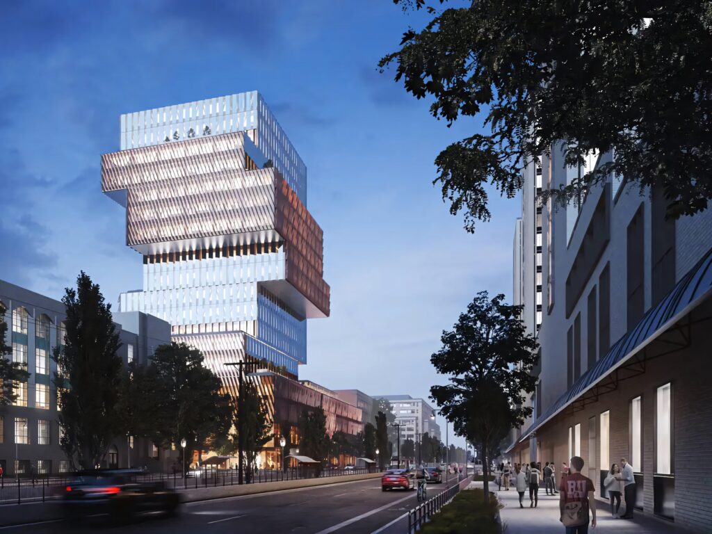 Boston University Data Science Center dusk view futuristic stacked glass architecture cityscape wallpaper