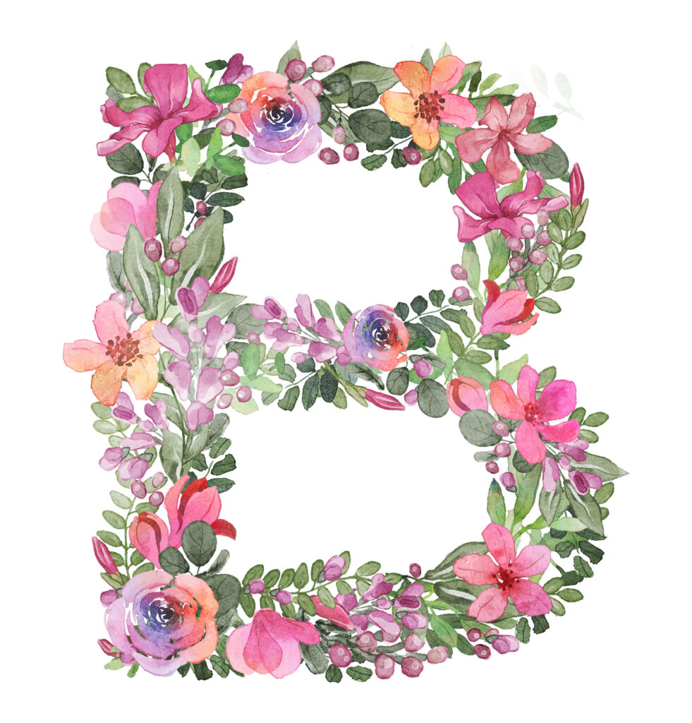 Letter B made of vibrant spring flowers and green leaves botanical wallpaper background