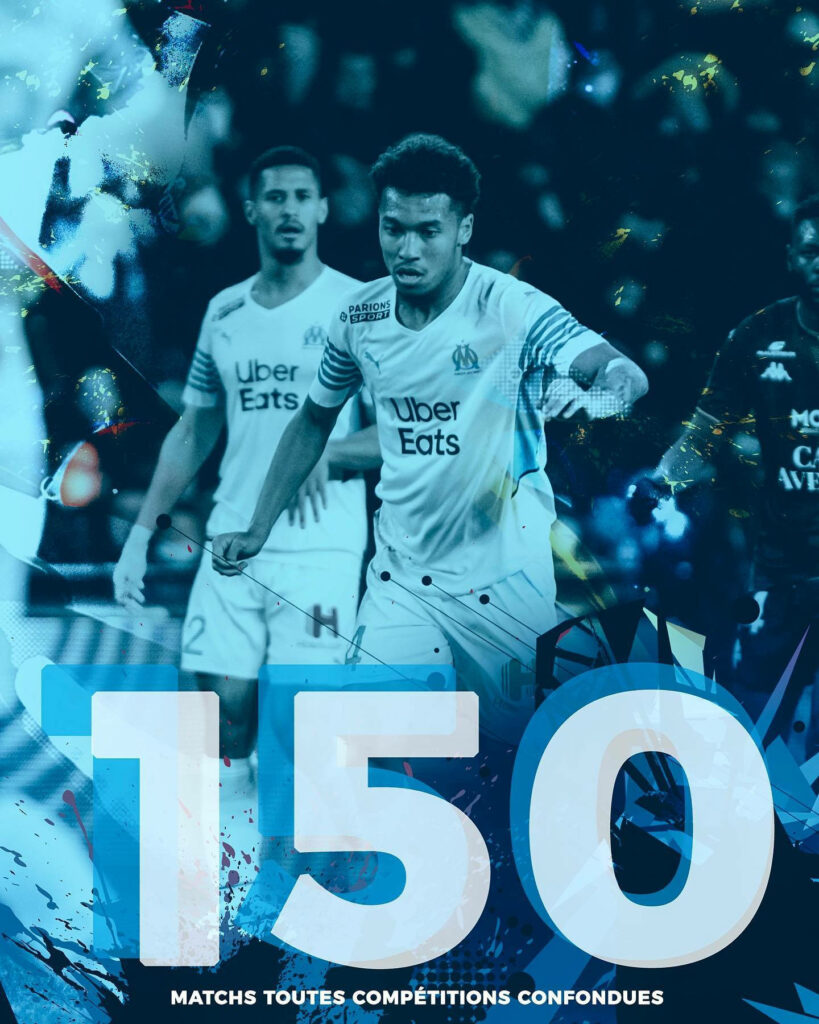 Boubacar Kamara in action Olympique de Marseille poster vibrant blue 150 matches celebration wallpaper
