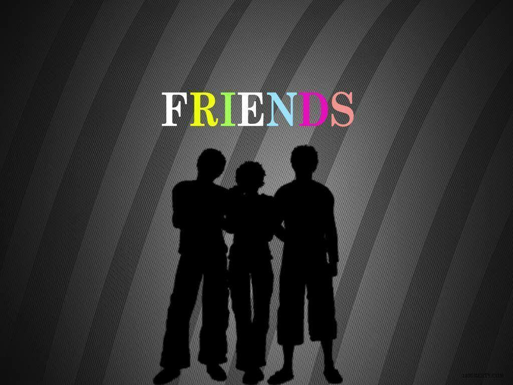 Unified Bonds: Three Silhouettes Embrace Amidst a Vibrant 'Friends' Background Wallpaper