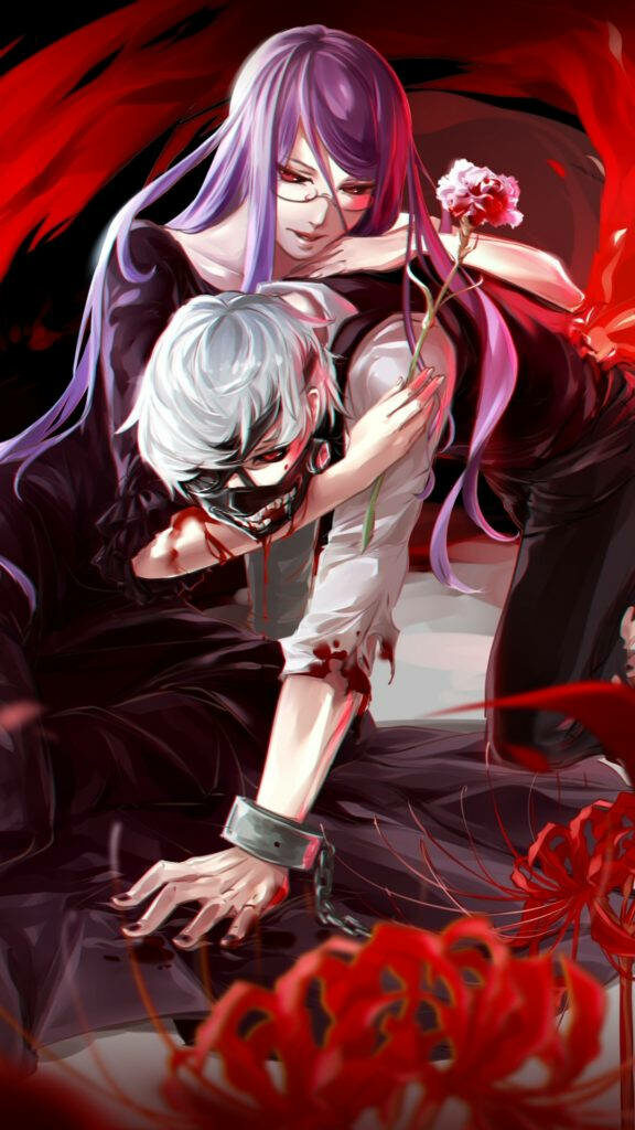 Tokyo Ghoul: A Captivating Friendship - Stunning Iphone Wallpaper featuring Rize Kamishiro Aiding Chained Ken Kaneki
