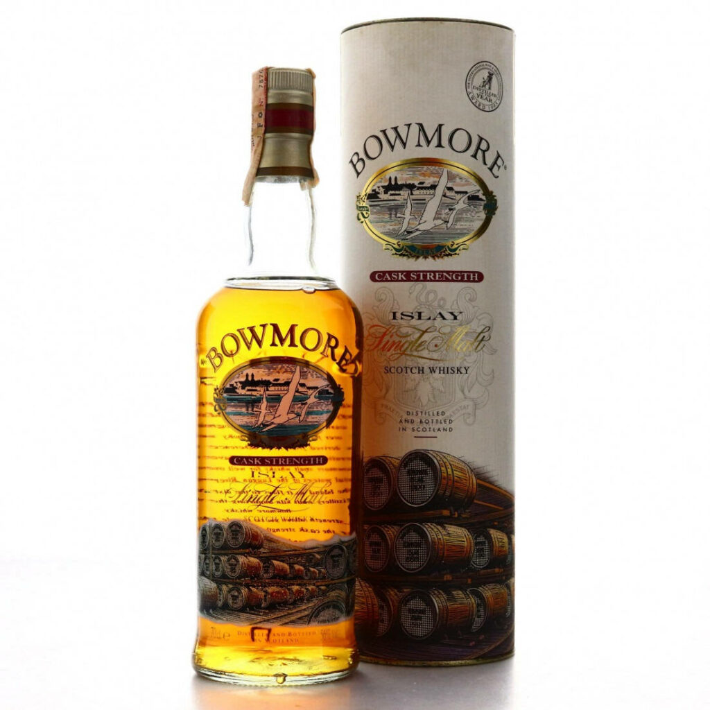 Bowmore Cask Strength Islay Single Malt Whisky bottle with elegant packaging on white background Wallpaper