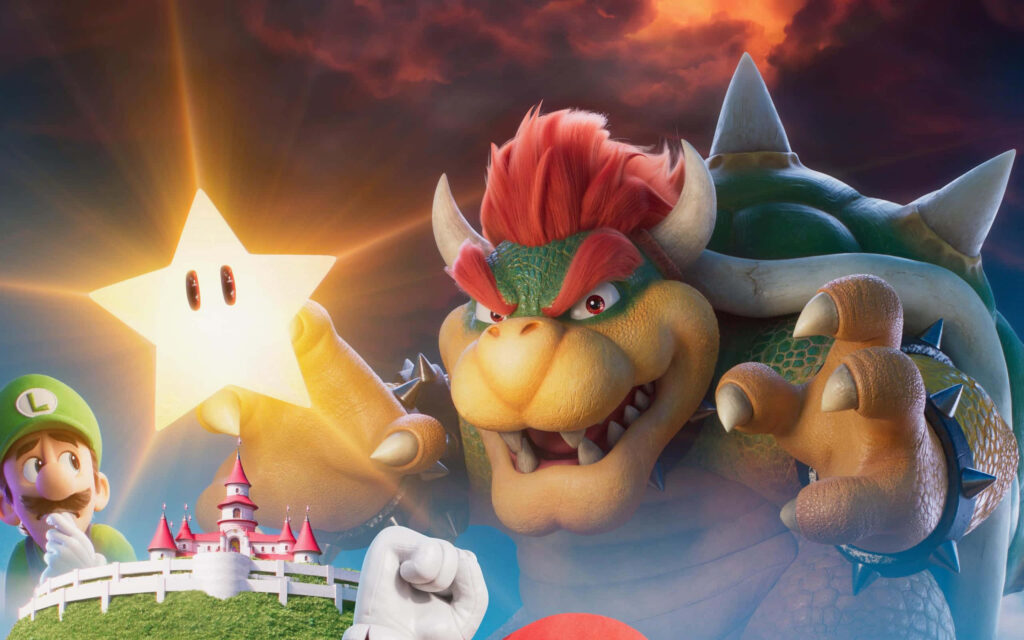 Bowser in epic pose with fiery hair and claws against dramatic sky vibrant Nintendo wallpaper
