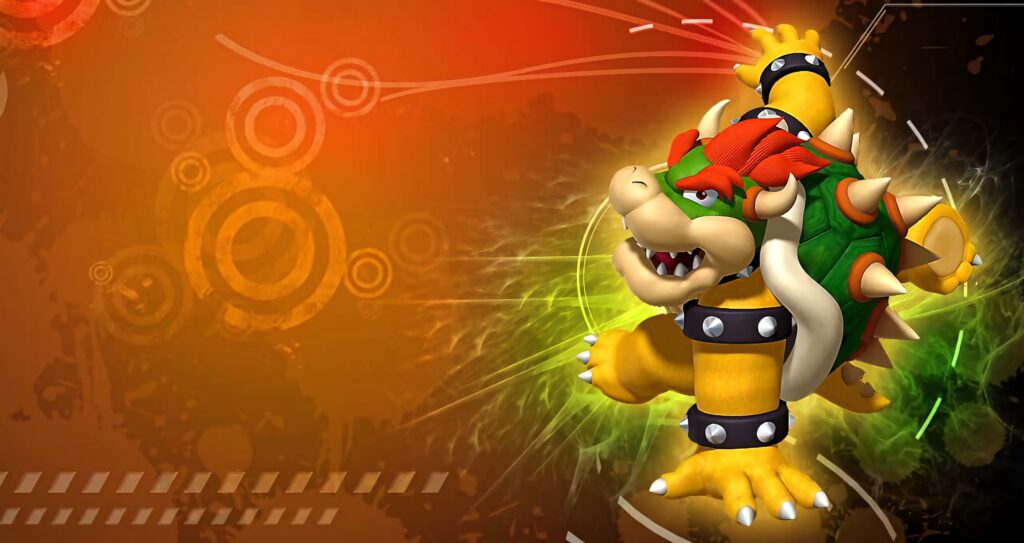 Bowser fiery Koopa king on vibrant orange green background dynamic digital effects wallpaper