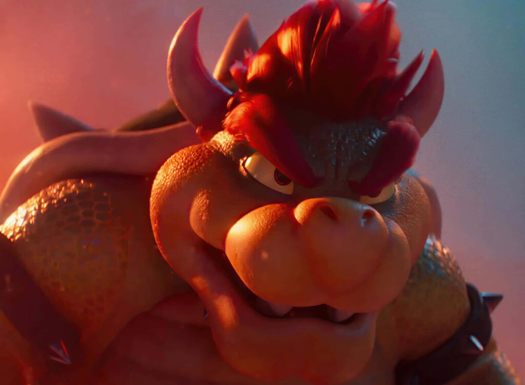 Bowser triumphant in fiery landscape vivid orange red hues dramatic lighting cinematic 3D wallpaper