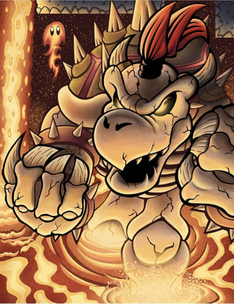 Close-up of Bowser with cracked shell fiery mane and spikes in molten lava background wallpaper