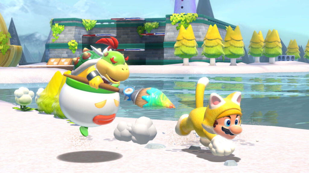 Bowser Jr chasing Cat Mario in colorful Super Mario 3D World with lush trees and sparkling water Wallpaper