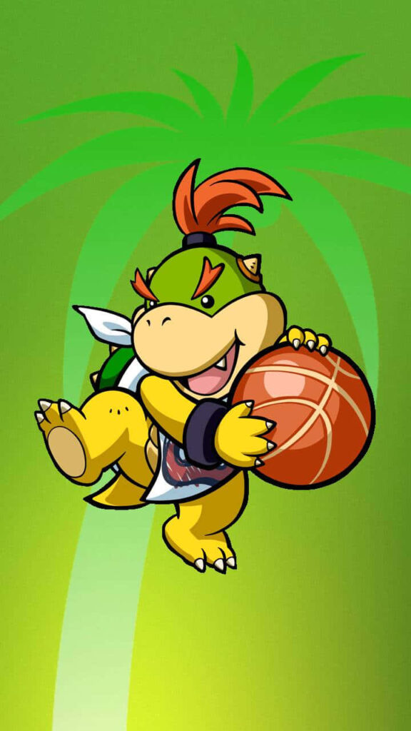 Bowser Jr playing basketball vibrant green palm tree background Mario series cartoon wallpaper