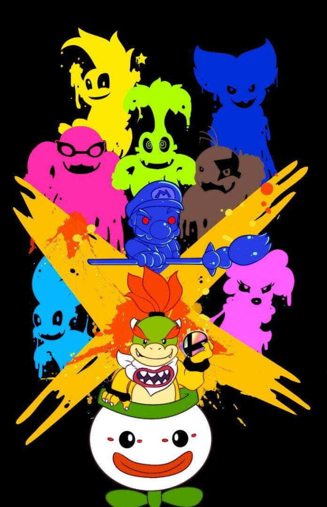 Bowser Jr on clown car with colorful Nintendo characters graffiti art vibrant gaming wallpaper background