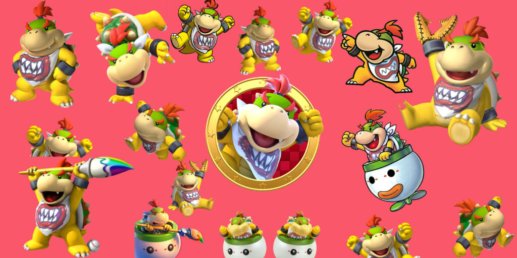 Bowser Jr in dynamic poses with paintbrush and Clown Car on vivid pink Mario wallpaper background