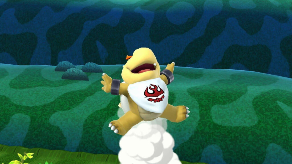 Bowser Jr leaping in vibrant green landscape with blue sky wearing Bowser emblem bandana wallpaper