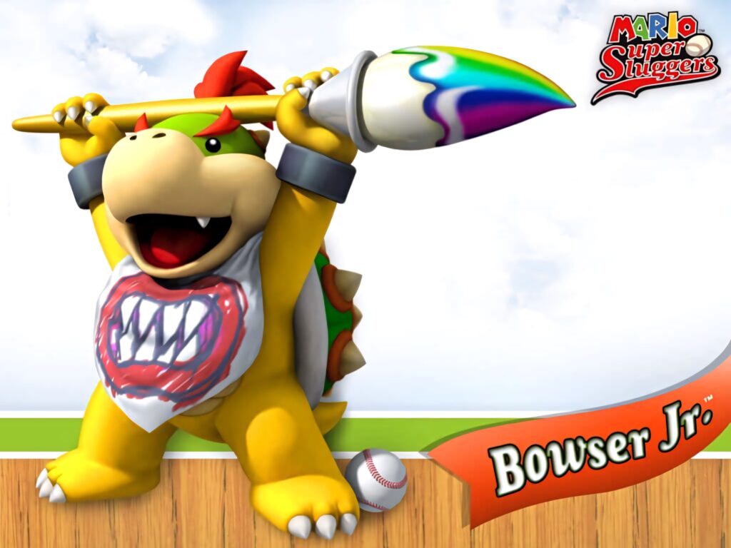 Bowser Jr dynamic pose Mario Super Sluggers vibrant wallpaper rainbow paintbrush bright sky