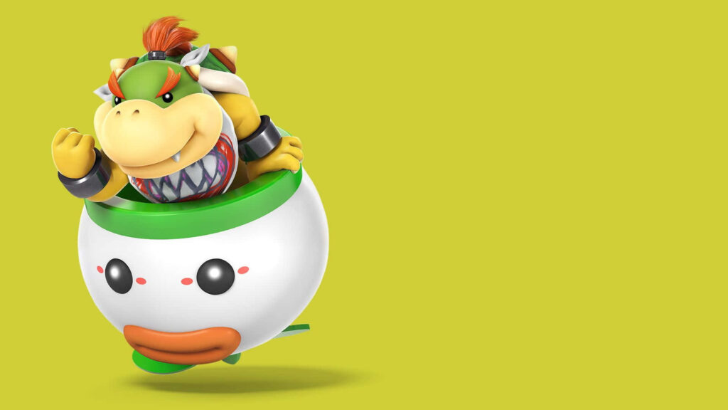 Bowser Jr riding Junior Clown Car on vibrant yellow background Super Mario video game art wallpaper