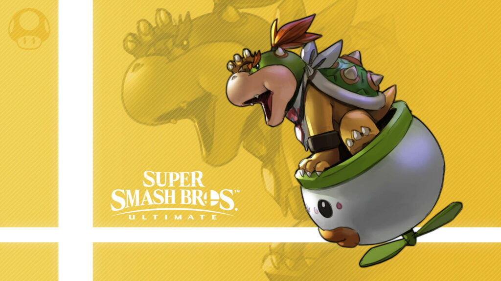 Bowser Jr in Koopa Clown Car vibrant wallpaper yellow background Super Smash Bros Ultimate art