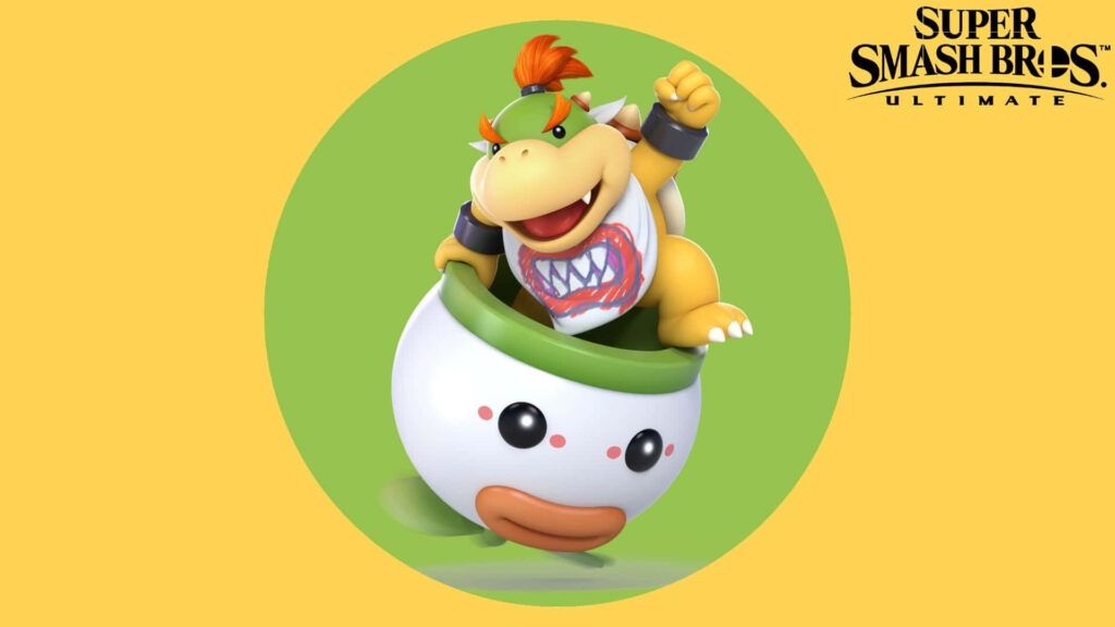 Bowser Jr in dynamic pose in Clown Car vibrant cartoon style bright yellow green background wallpaper