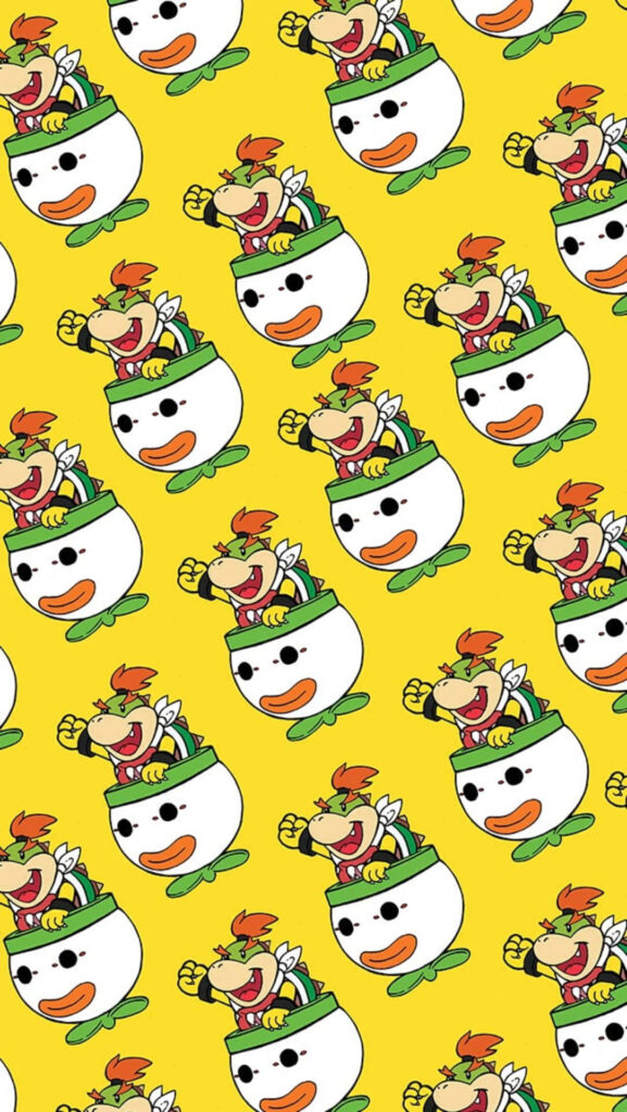 Bowser Jr cartoon wallpaper with playful Clown Car pattern on vibrant yellow background gaming art
