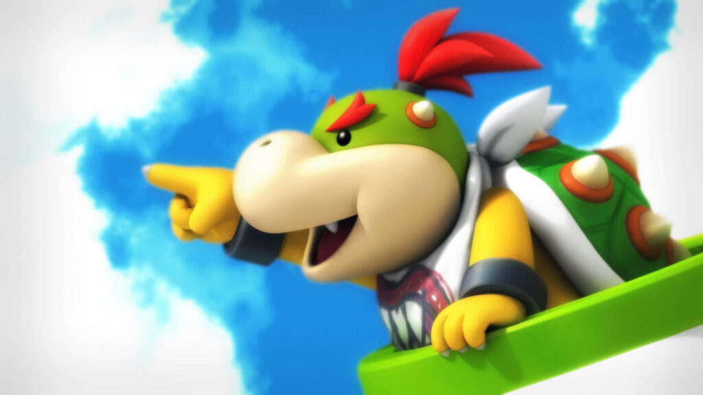 Bowser Jr in dynamic pose with green shell and red hair against bright blue sky clouds wallpaper