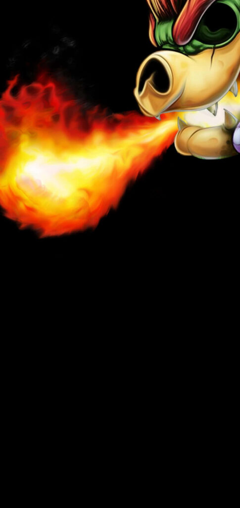 Bowser roaring fire against black background vivid flames intense Nintendo villain gaming wallpaper