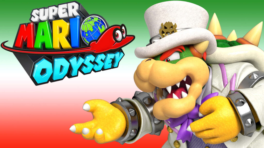 Bowser in white wedding suit from Super Mario Odyssey vibrant wallpaper with colorful background