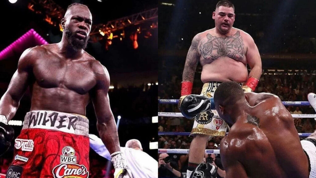 Boxing champions Wilder and Andy Ruiz Jr dynamic collage wallpaper showcasing power in ring