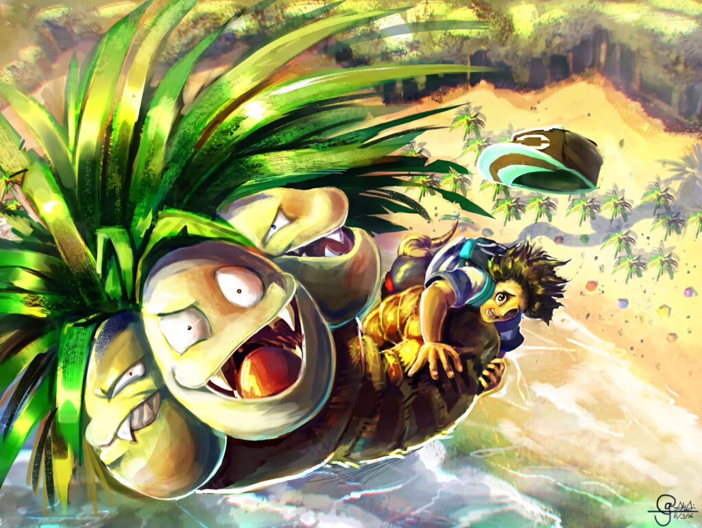 Boy riding flying Alolan Exeggutor over tropical beach vibrant coastline colorful painterly wallpaper