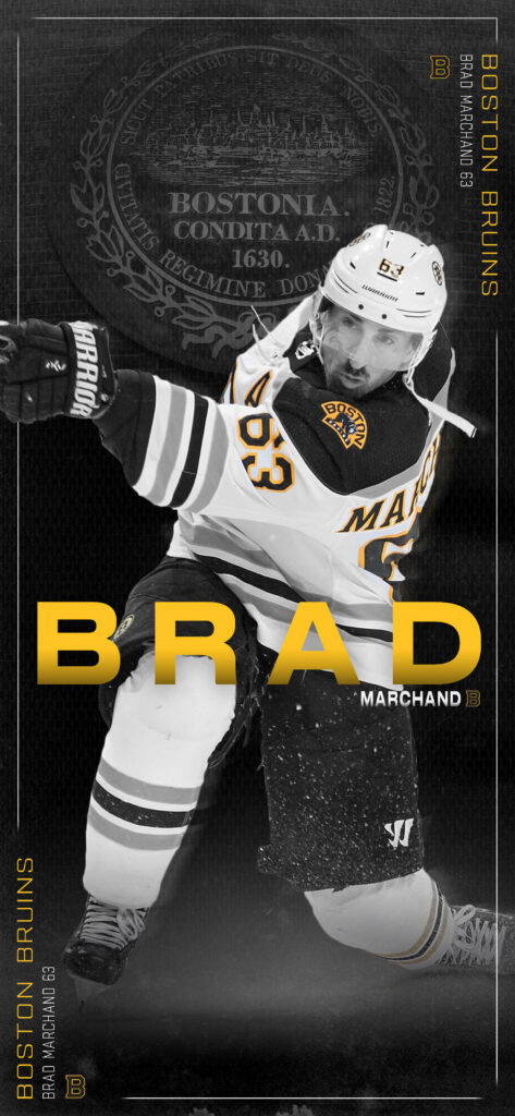 Brad Marchand Boston Bruins NHL winger in action with black white gold uniform and grunge design Wallpaper