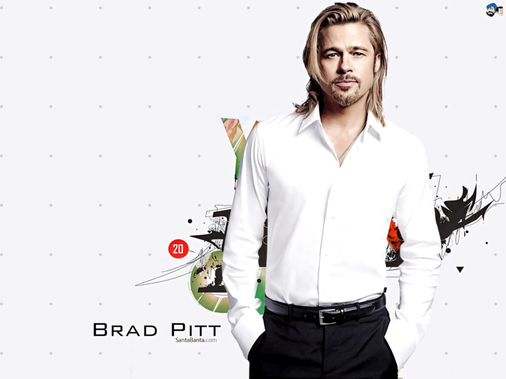 Brad Pitt confident pose with abstract art white background stylish artistic wallpaper design