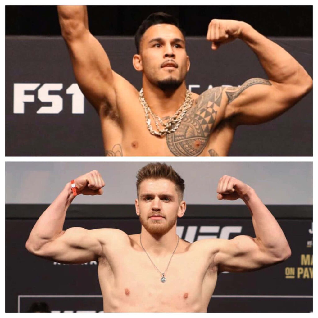 UFC fighter Brad Tavares flexing muscles in intense pose at weigh-in with dynamic lighting background Wallpaper