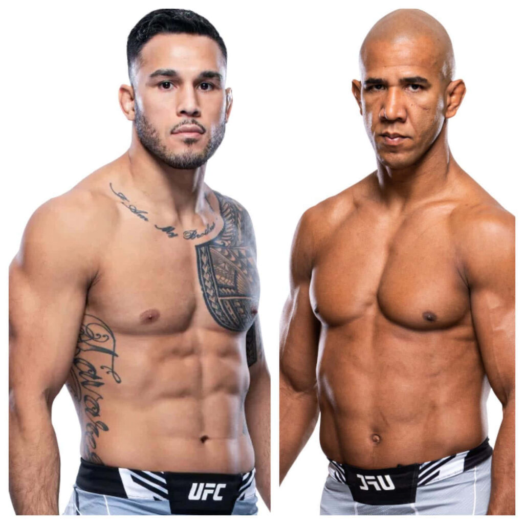 UFC fighters Brad Tavares and Gregory Rodrigues shirtless with intense expressions on white background Wallpaper
