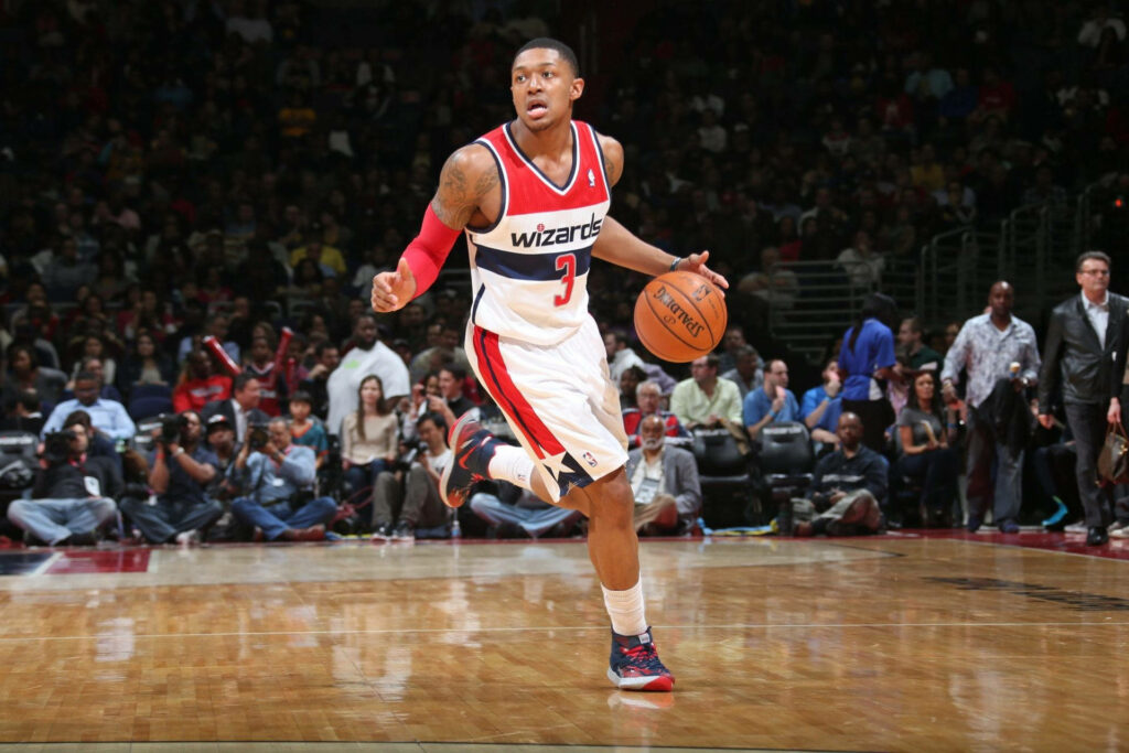 Bradley Beal All-Star Wizards action shot high-resolution basketball wallpaper vibrant arena colors