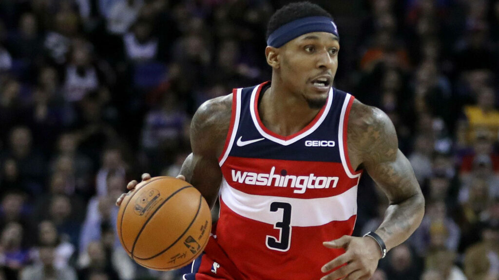 Bradley Beal intense basketball drive Washington Wizards HD action wallpaper with dynamic motion blur