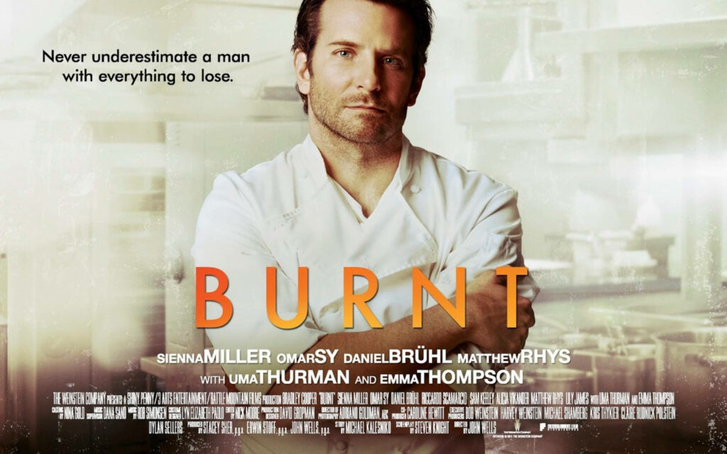 Bradley Cooper in chef uniform intense Burnt movie kitchen wallpaper background cooking scene
