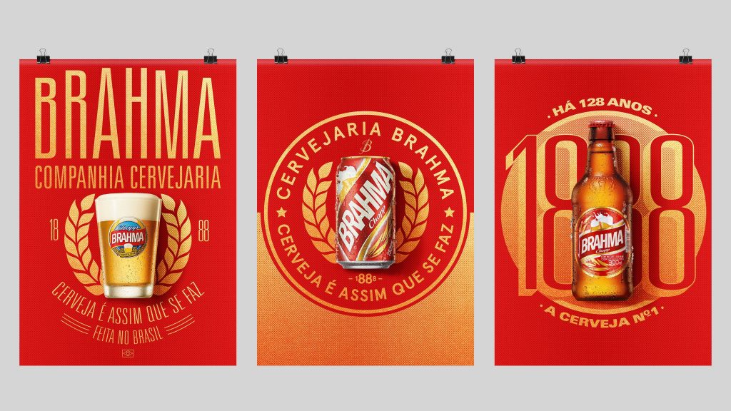 Vibrant Brahma beer promotional posters with draught glass can and classic bottle background Wallpaper