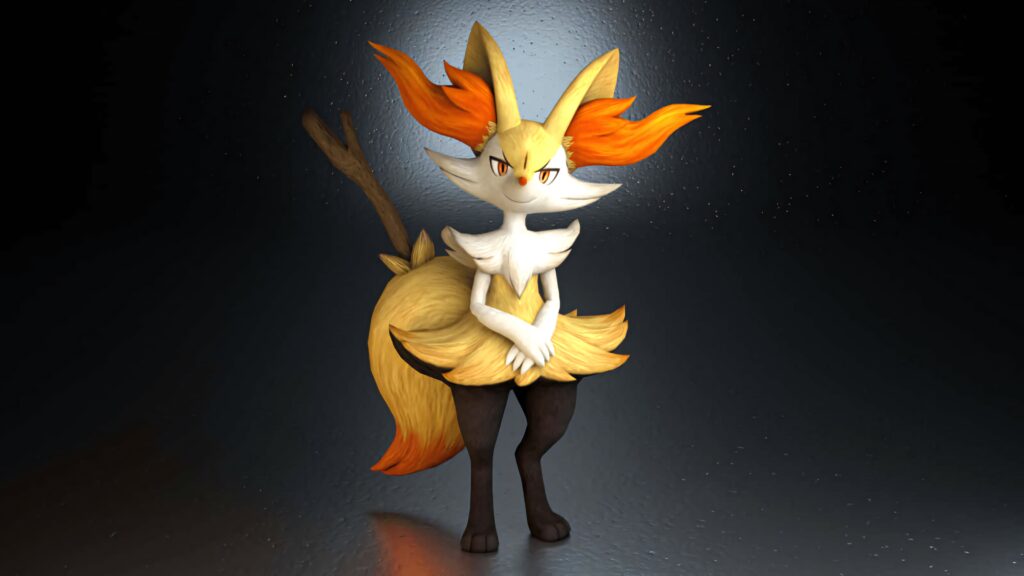 3D render of Braixen Pokemon with glowing orange ears and yellow tail on dark textured background Wallpaper