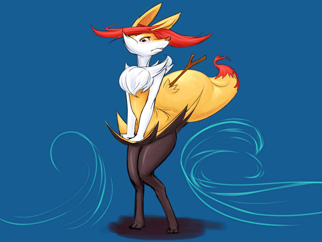 Braixen Pokemon digital art wallpaper vibrant blue background fiery fox with wooden stick tail