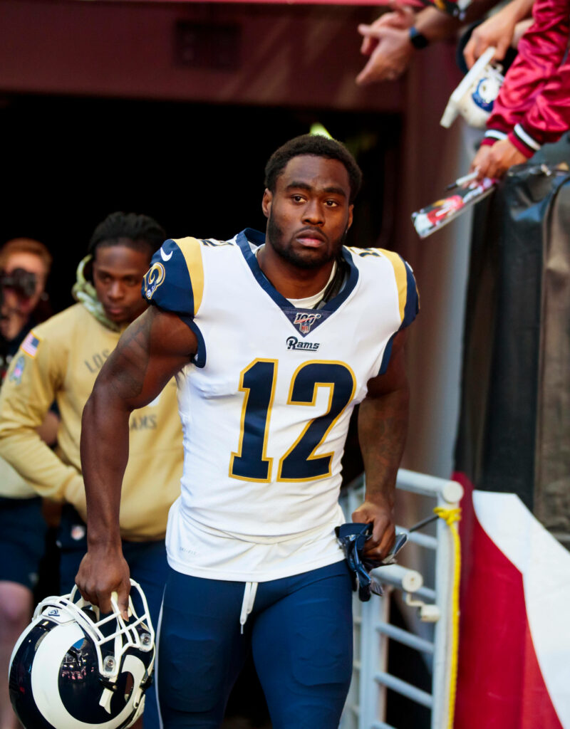 Brandin Cooks Los Angeles Rams number 12 walking tunnel wallpaper vibrant NFL football background
