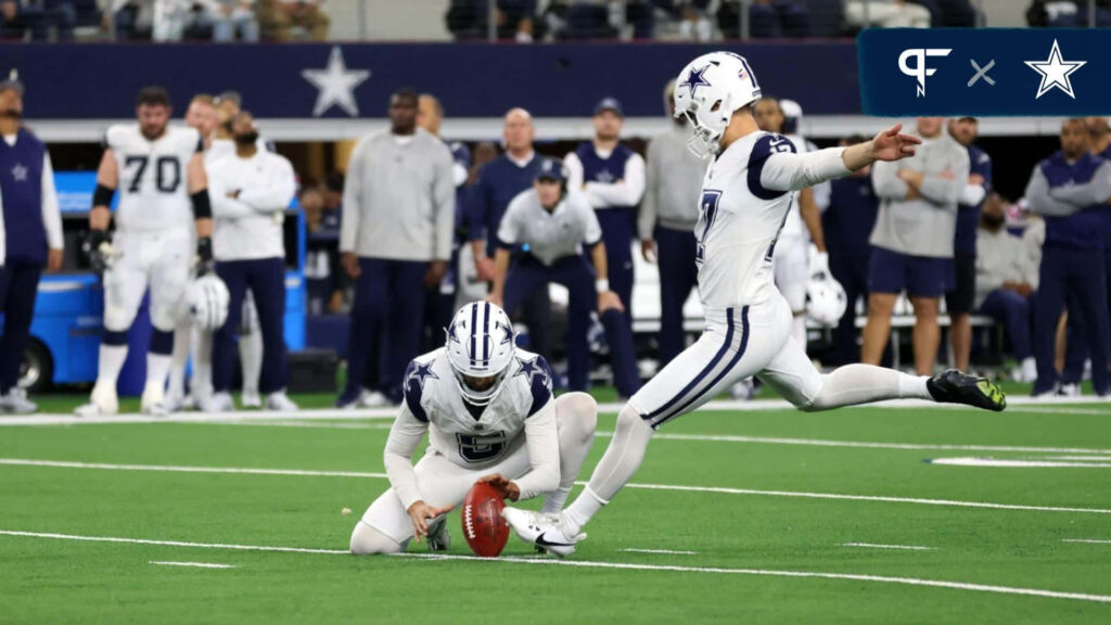 Brandon Aubrey Dallas Cowboys field goal kick NFL game vibrant stadium lights high resolution Wallpaper
