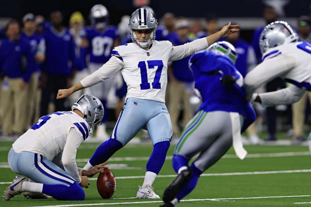Brandon Aubrey Dallas Cowboys kicker mid kick NFL game green field blue white uniform wallpaper